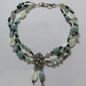 Art Deco Stil Strass Amazonit Onyx Perlmutt Kristall Kette 925 Silber Collier - Bild 1 von 10