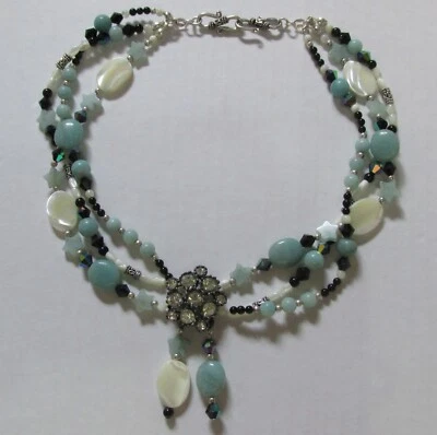 Art Deco Stil Strass Amazonit Onyx Perlmutt Kristall Kette 925 Silber Collier - Bild 1 von 4