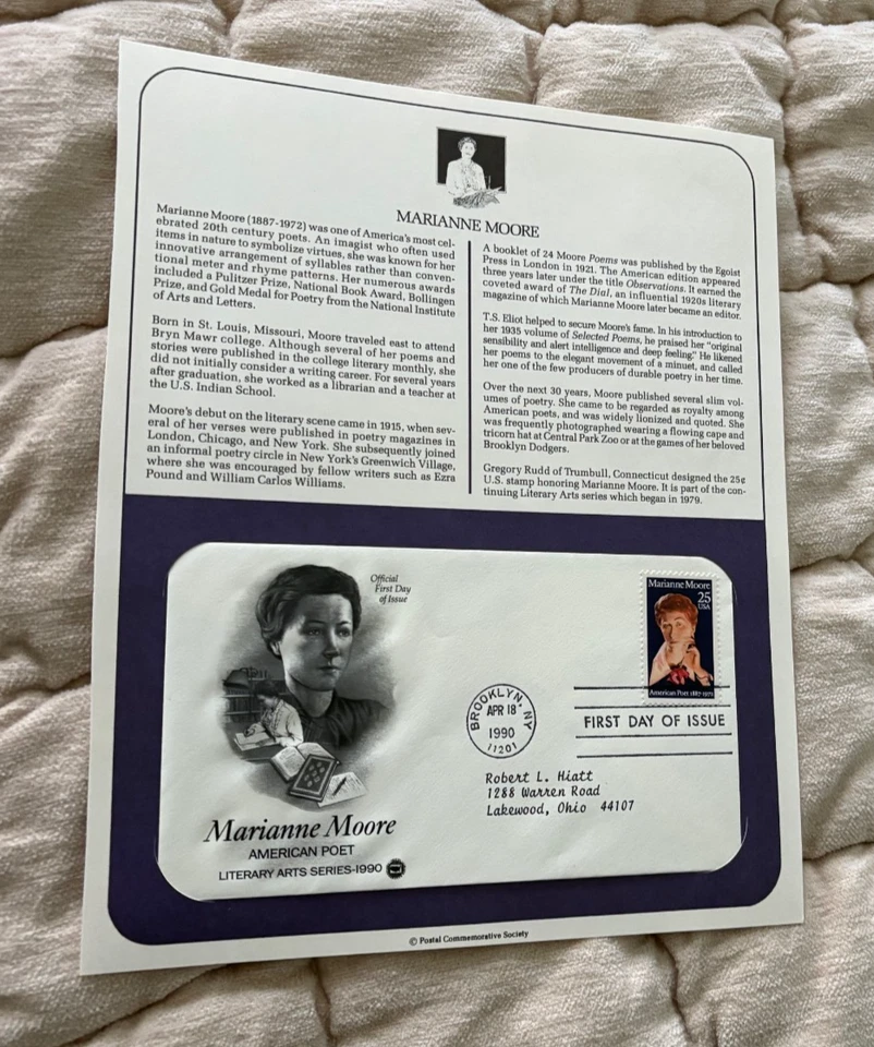 1990 Marianne Moore First Day Issue FDC American Poet PCS History Panel - Image 1 of 1