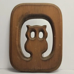 Vintage Hanging Mirror Carved Owl Brown Wood Stained Rustic Boho 70s - Picture 1 of 7