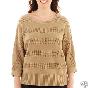 Liz Claiborne 3/4-Sleeve Stitch-Striped Sweater Plus Sizes 1X, 2X Bisque $54 - Picture 1 of 2