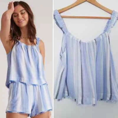 New CLOTH & STONE Fringe Ruffled Scrunchy Strap Tank Top Large Blue/ White - Image 1 of 4