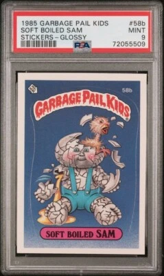 PSA 9 MINT 1985 Garbage Pail Kids SOFT BOILED SAM 58b Glossy Sticker Card PSA 9 - Image 1 of 2