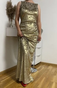 Alberto Makali Round Neck Sequin Gown Sz 6 8 M Champagne Gold Open Back - Picture 1 of 3