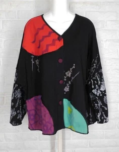 SKRAMBLE Mixed Media Jacket Art to Wear V Neck Stretch Knit Black Multi One Size - Picture 1 of 4