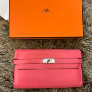 HERMES Paris Kelly Wallet Verso Long Pink Red Bicolor Leather From Japan w/Box - Picture 1 of 12