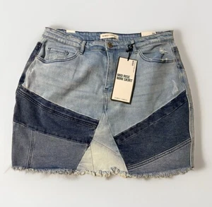 Minifalda Almost Famous 16W azul deshilachado patchwork jean hippie tiro medio NUEVA - Imagen 1 de 8