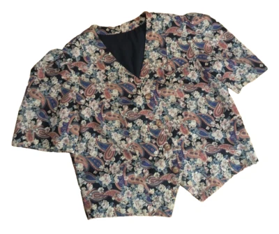 Blusa feita à mão multi floral paisley manga folhada gola V botão média grande G2 casa de campo - Imagem 1 de 4