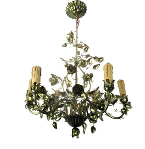 Hollywood Regency Kronleuchter 6 Lichter Messing Blumen Blätter Korb Rarität schön - Bild 1 von 12
