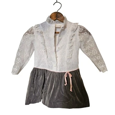 Vtg Toddler Dress Size 4 Party Holiday Winter Girls White Lace Grey Velvet VIG - Image 1 of 4