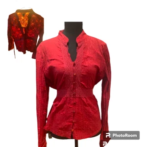 Antilia Femme Women's Red Semi Sheer Floral Lace Button Down Blouse sz M - Picture 1 of 11