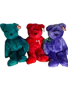 3 XL TY Beanie Buddies Teal Purple Red Employee #1 Teddy Beanie Baby 14" MNWT - Picture 1 of 12