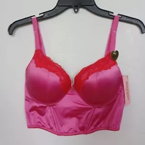 Juicy Couture 36B Bra Corset Demi Push Up Hot Pink Red Satin Lace Underwire New - Picture 1 of 6