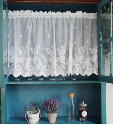 White Lace Short Curtain Kitchen Window Jacquard Floral Sheer Curtain Valance 1p - Image 1 of 4