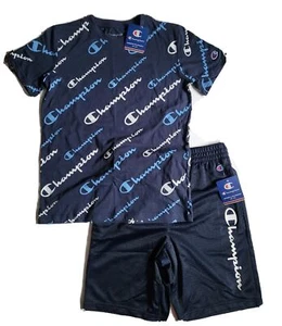 CHAMPION Big Boys 2-pc Athletic Set T-shirt & shorts Size 10 12 14 M L Gray Navy - Picture 1 of 17