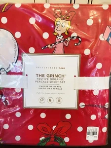 Pottery Barn The Grinch Cotton Full Sheet Set Christmas Festive Teen Kids Red - Picture 1 of 8