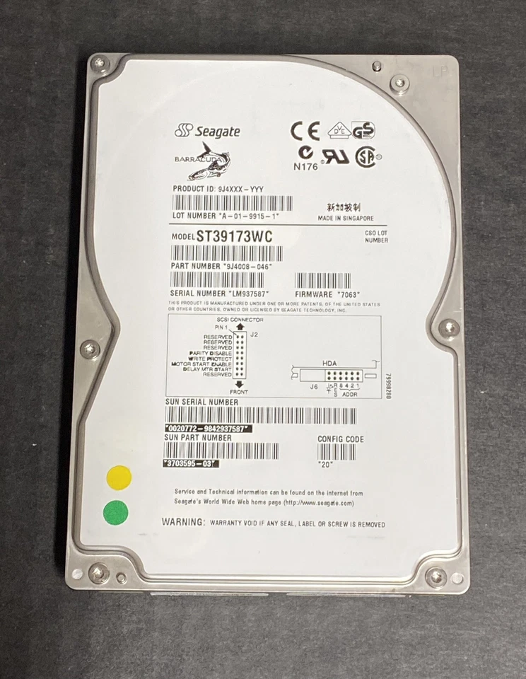 SUN 370-3595 9.1GB 7200 RPM 80-pin SCA SCSI HDD, Seagate ST39173WC, 9J4008-045 - Image 1 of 4