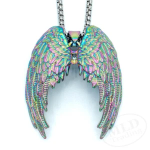 Iridescent Stainless Steel Angel Wings Pendant Necklace w/ 24" Rounded Box Chain - Picture 1 of 10