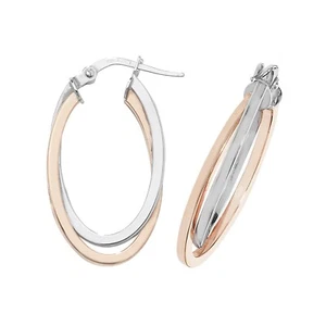 9ct 2 Tone Gold Hinged Oval Double Hoop Earrings 15mm British Made 375 Hallmark - Picture 1 of 3