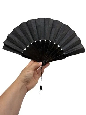 Antique  Black Formal Hand Painted Cloth Folding Hand Fan - Image 1 of 4