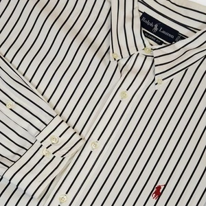 Vintage RALPH LAUREN Shirt Mens 17/XL Black White Stripe Classic Fit Hong Kong - Picture 1 of 10