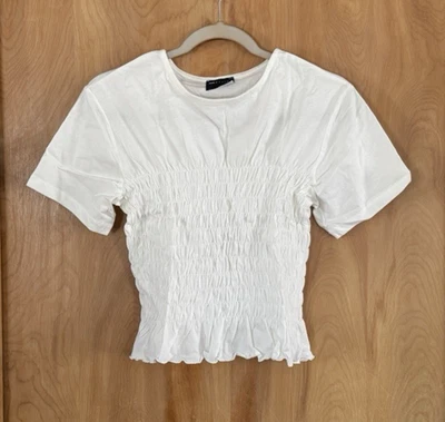 Asos Design Women's Cotton Fitted T-Shirt Shirred Waist Detail Ivory Size S NEW - Image 1 of 3