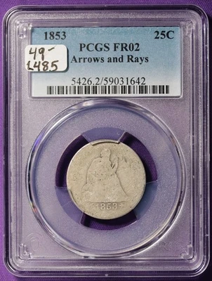 1853 Seated Liberty Quarter.  Arrows and Rays.  In PCGS Holder.  FR02.  L485 - Image 1 of 2