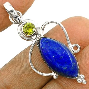 Colgante de plata de ley 925 lapislázuli natural - Afganistán y peridoto - Imagen 1 de 1