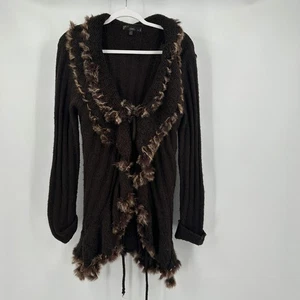 Womens Y2K Chocolate Brown Wool Blend Sweater Size M Faux Fur Trim Boho Cottage - Picture 1 of 9