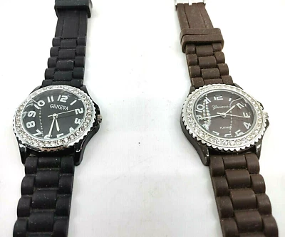 2 Geneva Watches Womens Lot Rhinestone Black/Brown Round Big Numbers New Battery - Image 1 of 4