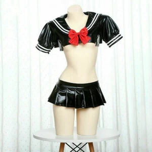 Frauen Sexy Lingerie Satz Rock PU Unartiges Schulmädchen Uniform Outfits Cosplay - Bild 1 von 8
