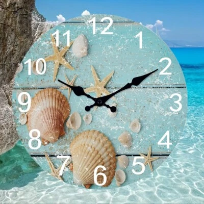 Un reloj de pared de madera azul estrella de mar concha temática de playa de 12 pulgadas grande movimiento silencioso Foto 1 de 4