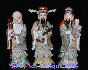 16.5"Old Colour Enamel Porcelain Gold 3 Longevity God Fu Lu Shou Life Statue Set - Picture 1 of 9