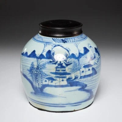 Chinese Kangxi Era Blue White Porcelain Mountain Village Landscape Jar Antique A - Image 1 of 4