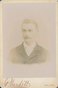 Cabinet Card Antique Photo Handsome Well Groomed Man Mustache Plunkett Ovid MI - Picture 1 of 5