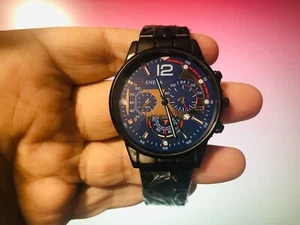 Reloj Hombre - Geneva - Carcasa Negra y Correa con Cara Azul - Cuarzo/Fecha - NUEVO - Imagen 1 de 4