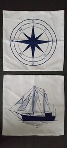 Nautical Throw Pillow Cover Set of 2 Zippered Sailboat Compass Beach House    - Picture 1 of 5