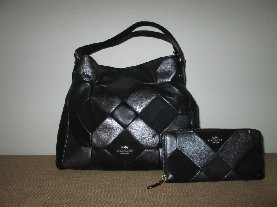 COACH Edie 黑色绗缝皮革拼布 ~ 单肩包或钱包 — 第 1/1 张图片