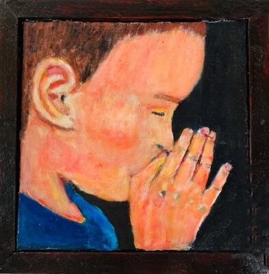Boy Portrait Painting Religious  Praying Handmade Frame Canvas Art Miz Katie - Image 1 of 4