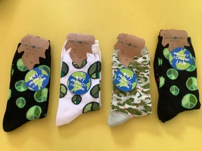 4 PAIRS WOMENS GREENOLOGY NOVELTY SOCKS * NWL *PEACE SIGN/NATURE* Organic Cotton - Image 1 of 2