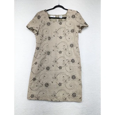 Liz Claiborne Petite Beige Floral Embroidered Linen Blend Dress 14 - Image 1 of 4