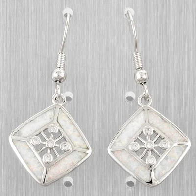 White Fire Opal Central CZ Silver Jewelry Dangle Drop Earrings - Image 1 of 4