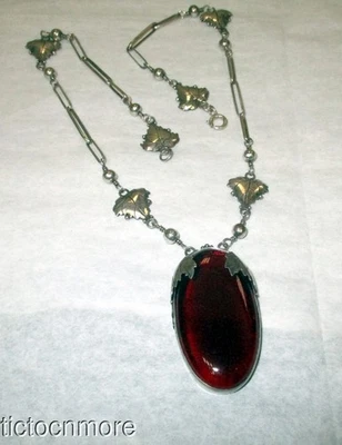 VINTAGE SIGNED MMA MET MUSEUM VICTORIAN RED AMBER GOTHIC LEAVF NECKLACE STERLING - Image 1 of 4