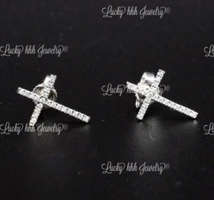 14k White Gold Natural Diamond earring 0.12 ct Cross diamond stud earring - Picture 1 of 6