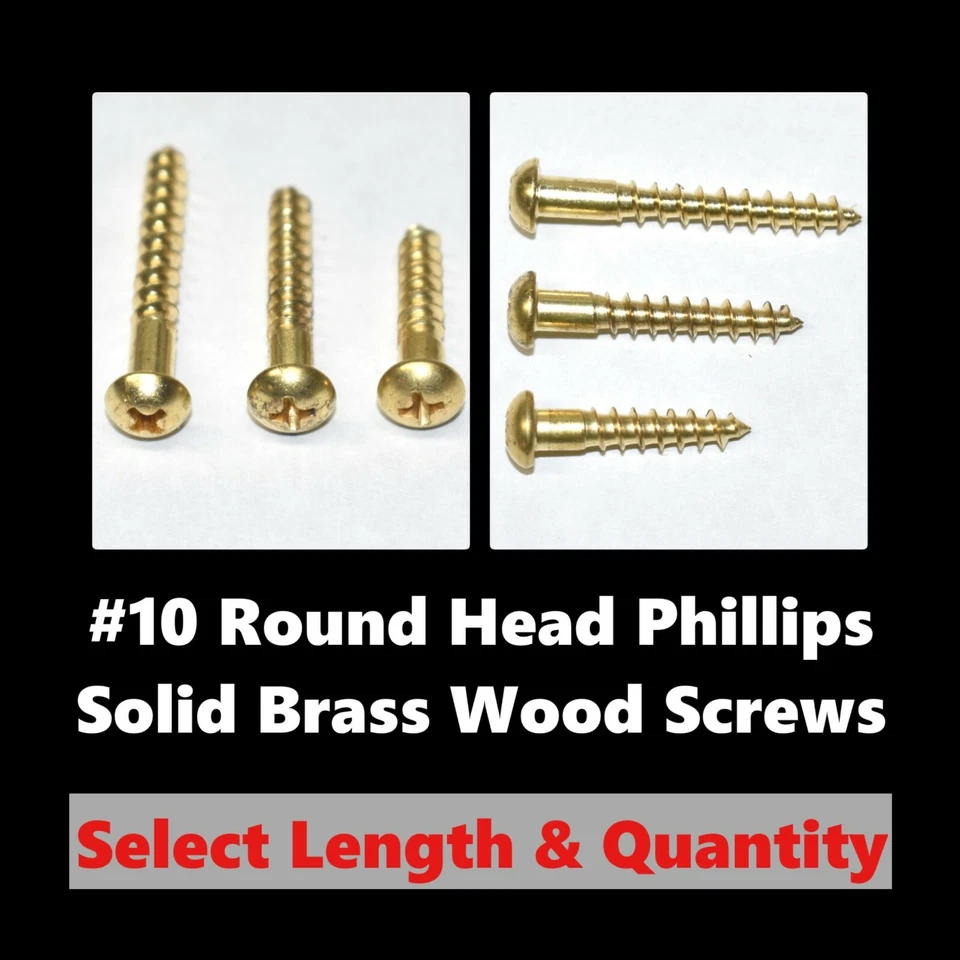 Tornillos Phillips para madera de latón macizo de cabeza redonda #10 Phillips (selecciona longitud y cantidad) Foto 1 de 4