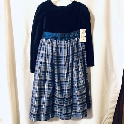 Vestido largo vintage de tafetán a cuadros azul, blanco y negro para niñas Laura Ashley 4-6X nuevo con etiquetas Foto 1 de 4