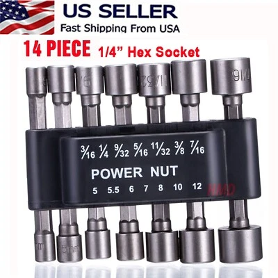 HMD 14pc POWER NUT Driver Bit Set Dual 1/4 Quick Change SAE & Metric MM Detent Shank