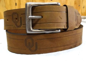 OU OKLAHOMA UNIVERSITY EMBOSSED SOFT LEATHER BELT BROWN- SIZE 44 - Picture 1 of 2