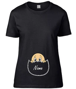 T-SHIRT DONNA PREMAMAN BIMBO o BIMBA che sbircia dalla tasca con NOME a scelta - Picture 1 of 6
