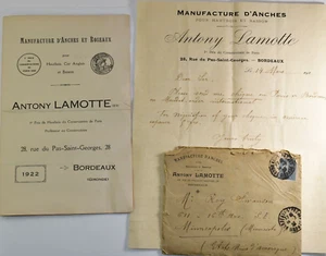 1922 Antony Lamotte Bordeaux France Oboe Reed Maker Letter & Envelope Lot - Picture 1 of 9